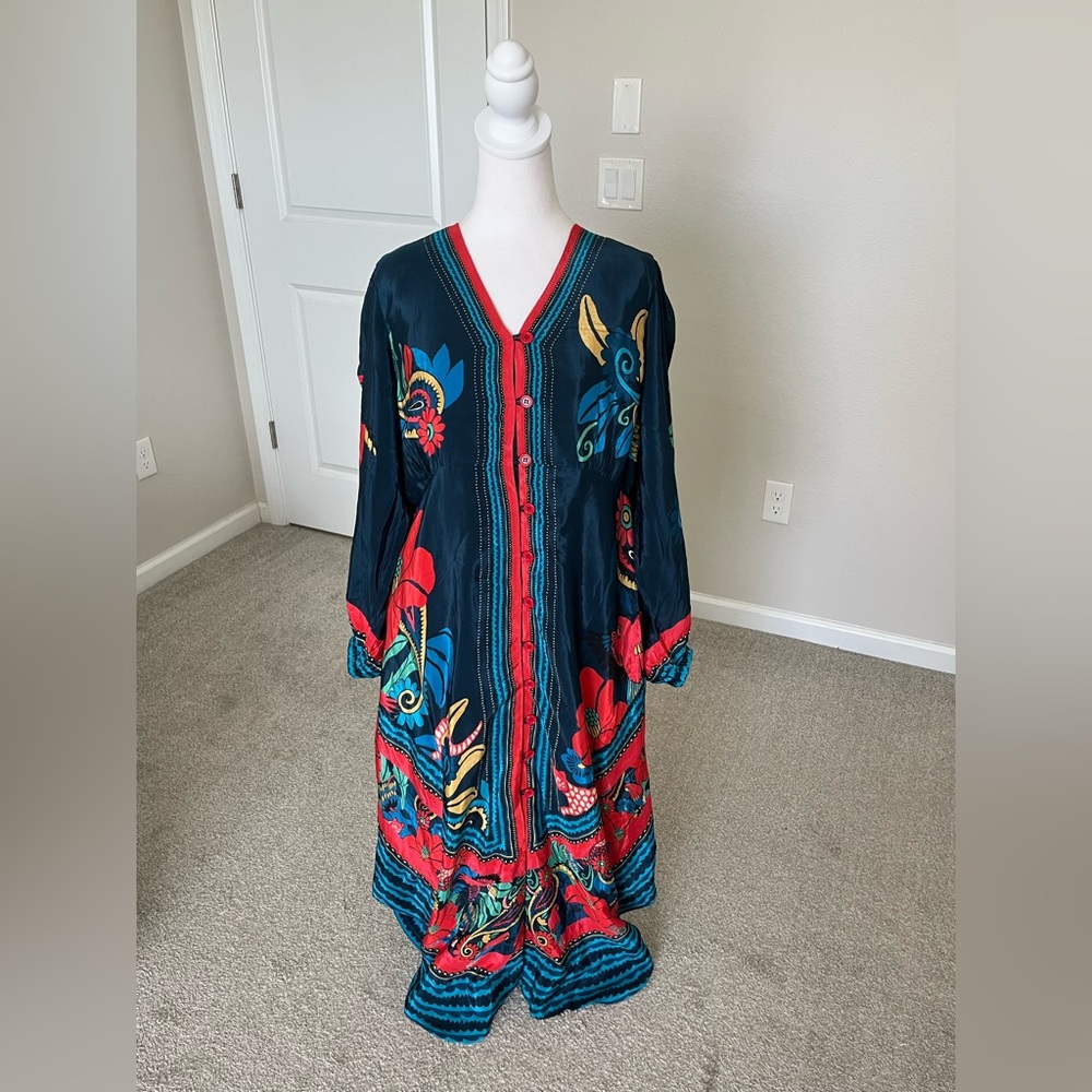 Farm Rio Vibrant Floral Button-Front Maxi Dress in Navy and Red - Picture 5 of 12